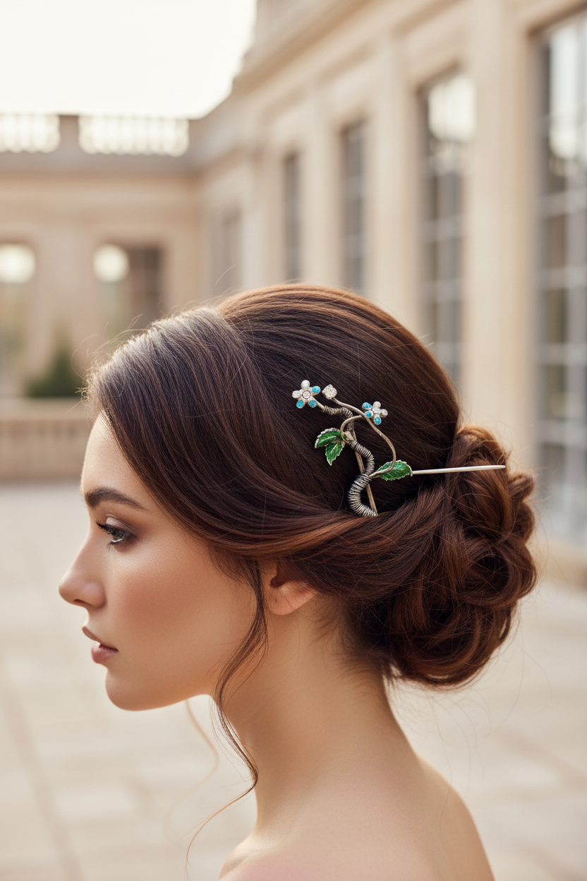 barrette vintage - neuf- en laiton - argenté bleu vert - fleurs strass feuilles torsade - rare