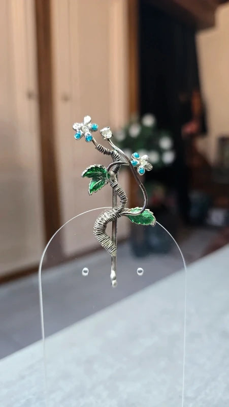 barrette vintage - neuf- en laiton - argenté bleu vert - fleurs strass feuilles torsade - rare