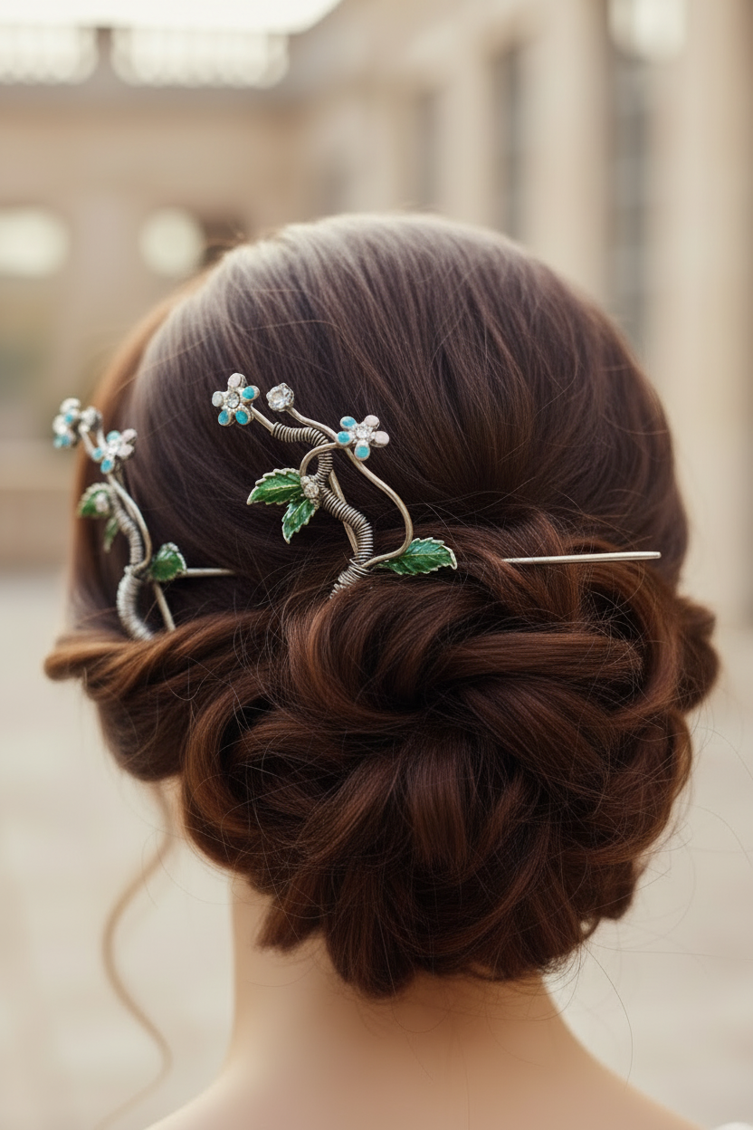 barrette vintage - neuf- en laiton - argenté bleu vert - fleurs strass feuilles torsade - rare