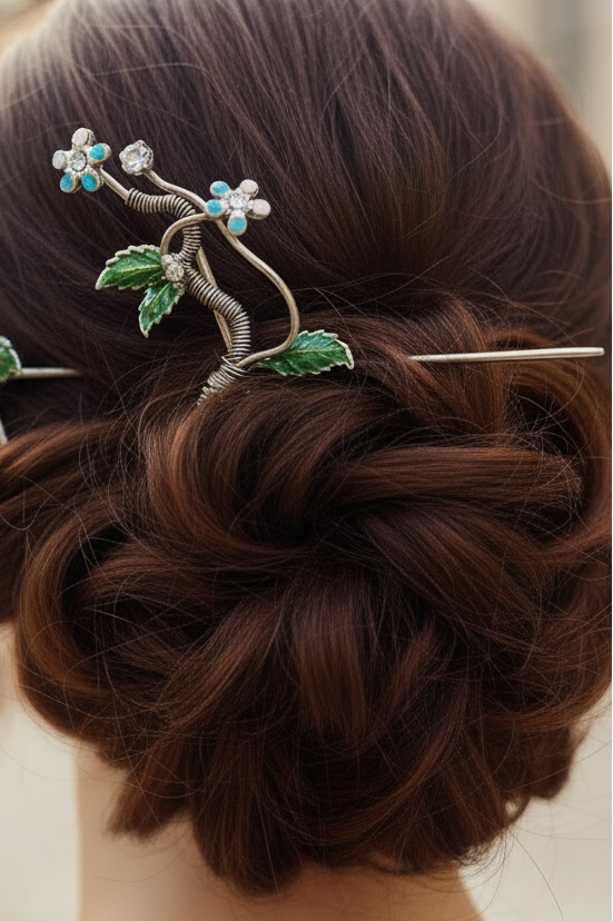 barrette vintage - neuf- en laiton - argenté bleu vert - fleurs strass feuilles torsade - rare