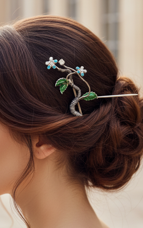 barrette vintage - neuf- en laiton - argenté bleu vert - fleurs strass feuilles torsade - rare