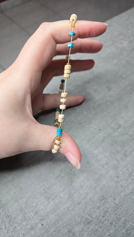 bracelet vintage - perles en bois beige - pierres effet pierre turquoise - bohème - élastique - homme femme