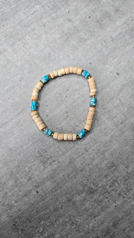 bracelet vintage - perles en bois beige - pierres effet pierre turquoise - bohème - élastique - homme femme