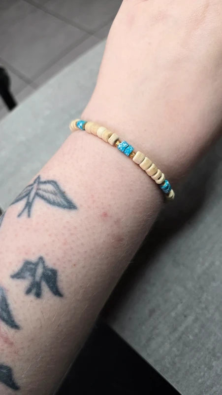 bracelet vintage - perles en bois beige - pierres effet pierre turquoise - bohème - élastique - homme femme