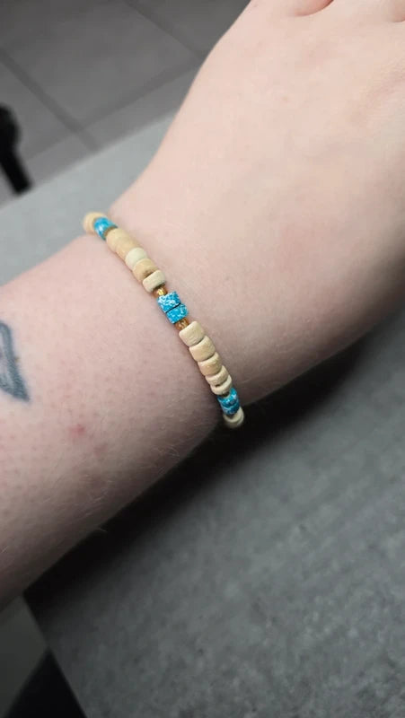 bracelet vintage - perles en bois beige - pierres effet pierre turquoise - bohème - élastique - homme femme
