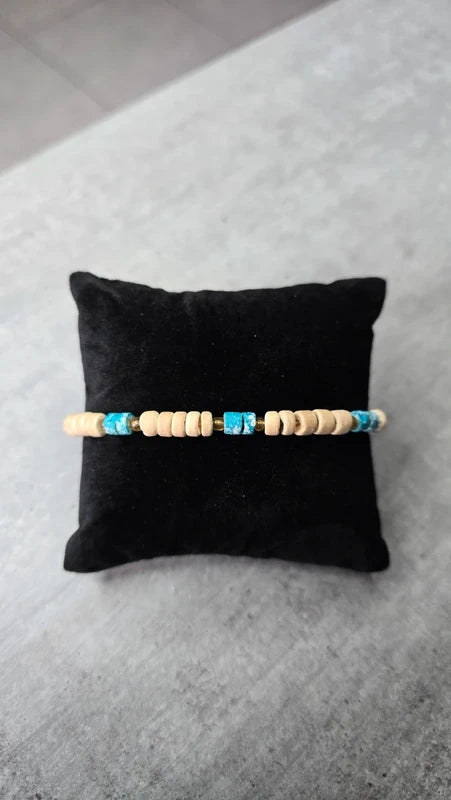 bracelet vintage - perles en bois beige - pierres effet pierre turquoise - bohème - élastique - homme femme