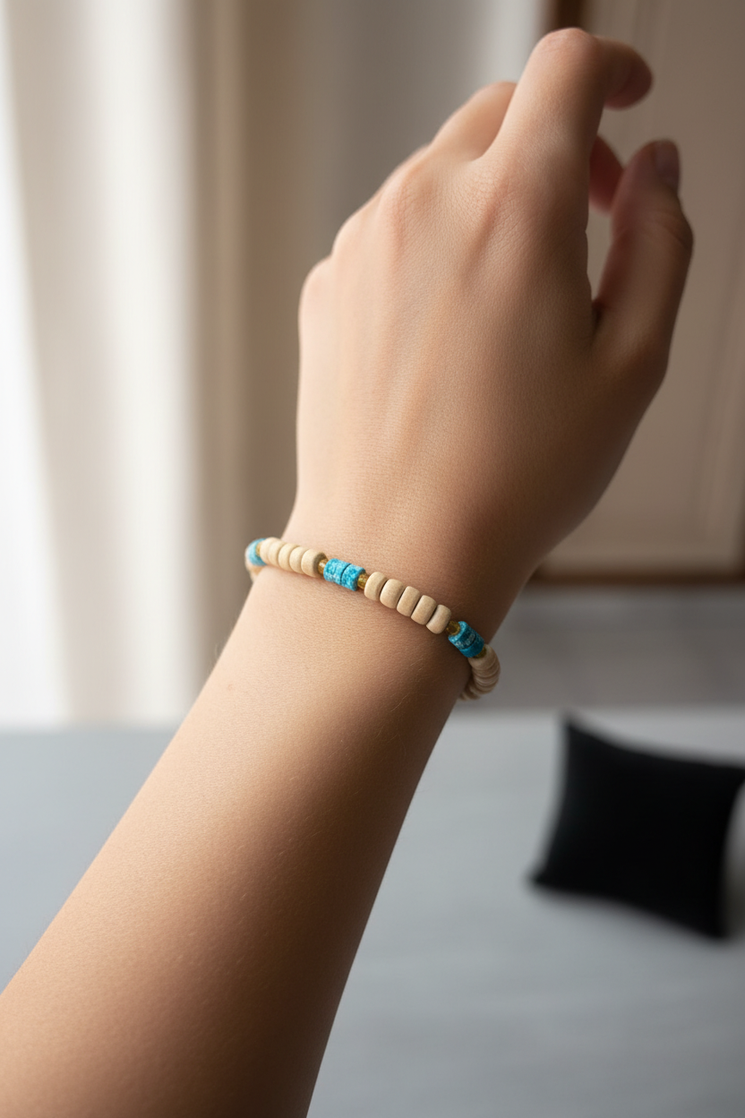 bracelet vintage - perles en bois beige - pierres effet pierre turquoise - bohème - élastique - homme femme