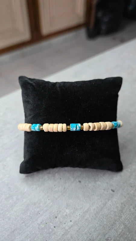 bracelet vintage - perles en bois beige - pierres effet pierre turquoise - bohème - élastique - homme femme