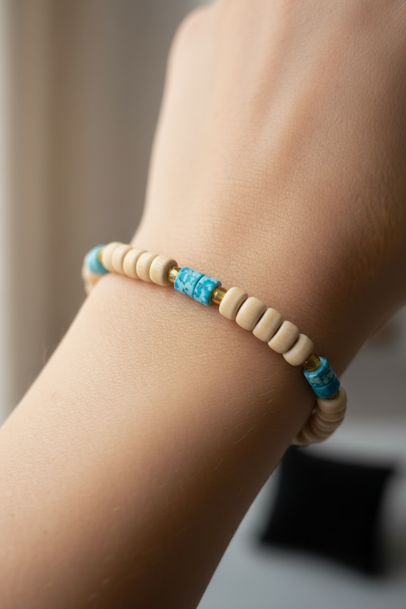bracelet vintage - perles en bois beige - pierres effet pierre turquoise - bohème - élastique - homme femme