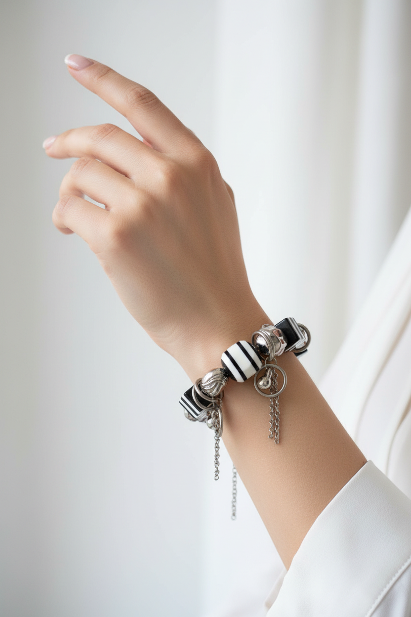 bracelet vintage années 90 - neuf - charms breloque - effet réglisse guimauve - noir blanc argenté - élastique