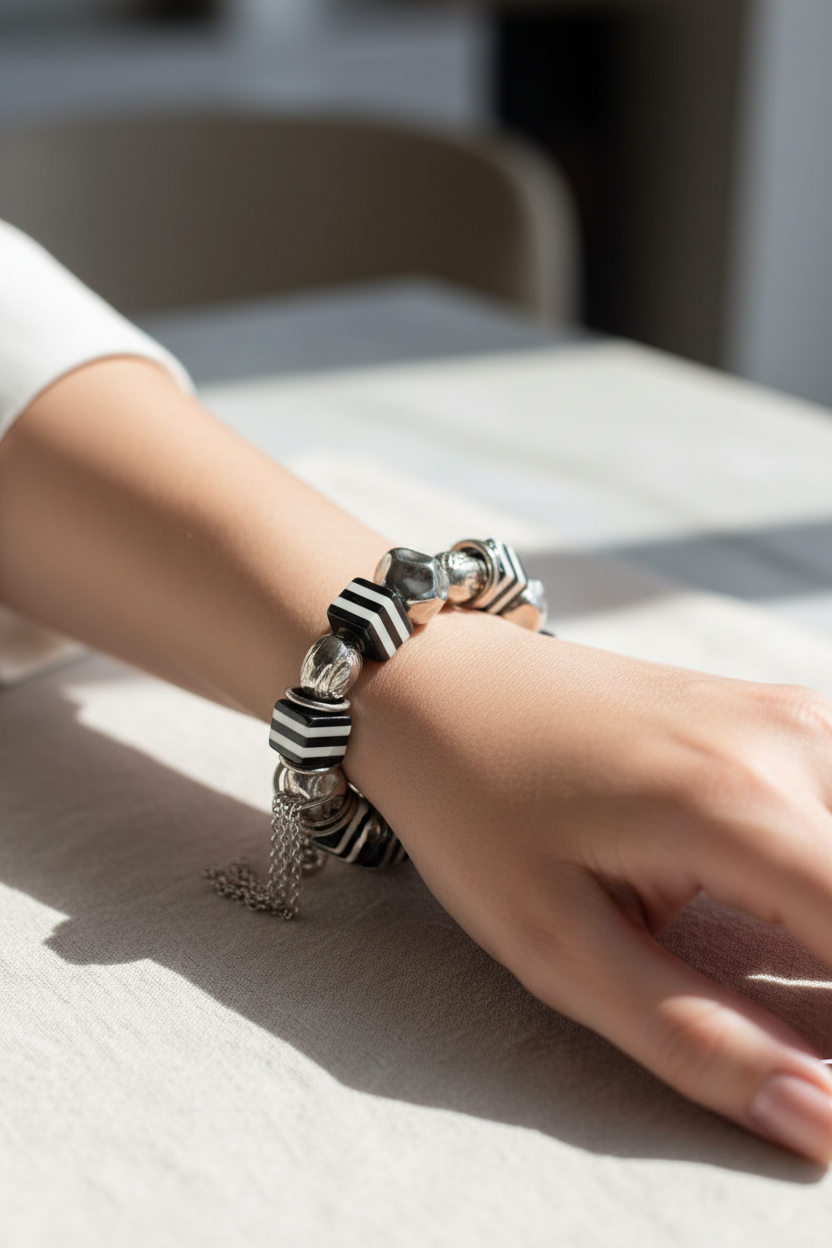 bracelet vintage années 90 - neuf - charms breloque - effet réglisse guimauve - noir blanc argenté - élastique