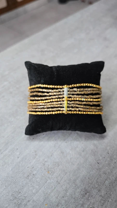 bracelet manchette vintage - multi rang perles - doré argenté - pierre ambre