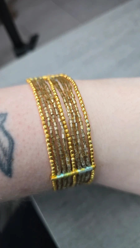 bracelet manchette vintage - multi rang perles - doré argenté - pierre ambre