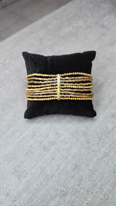 bracelet manchette vintage - multi rang perles - doré argenté - pierre ambre