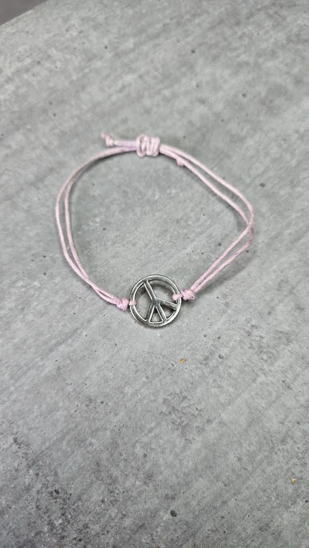 bracelet - neuf - cordon rose lila - pendentif symbole peace and love - argenté - homme femme enfant