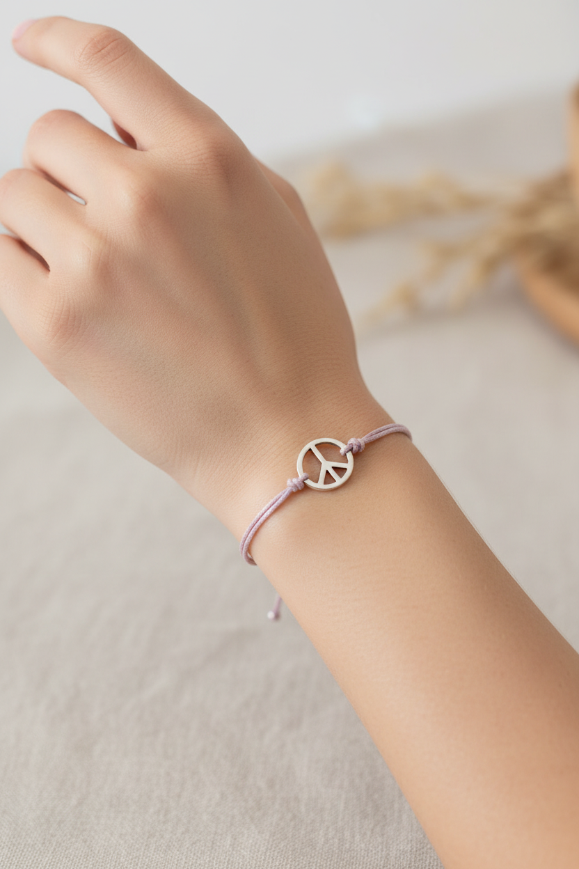 bracelet - neuf - cordon rose lila - pendentif symbole peace and love - argenté - homme femme enfant