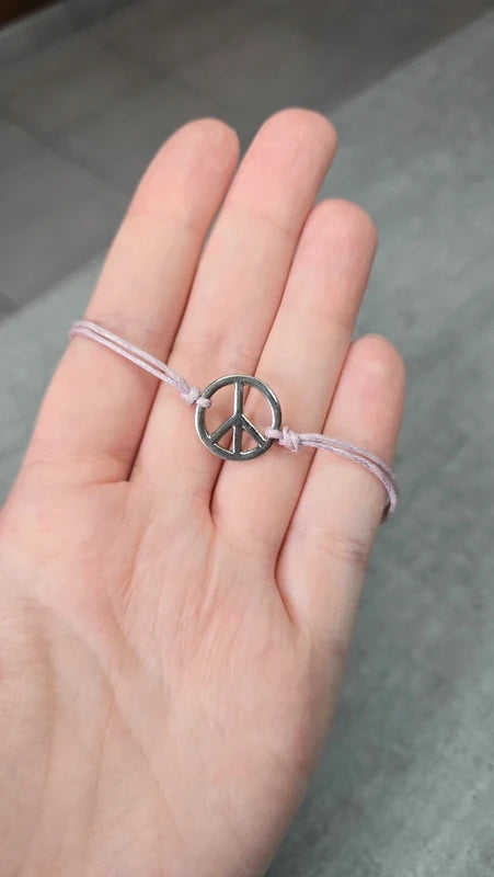 bracelet - neuf - cordon rose lila - pendentif symbole peace and love - argenté - homme femme enfant