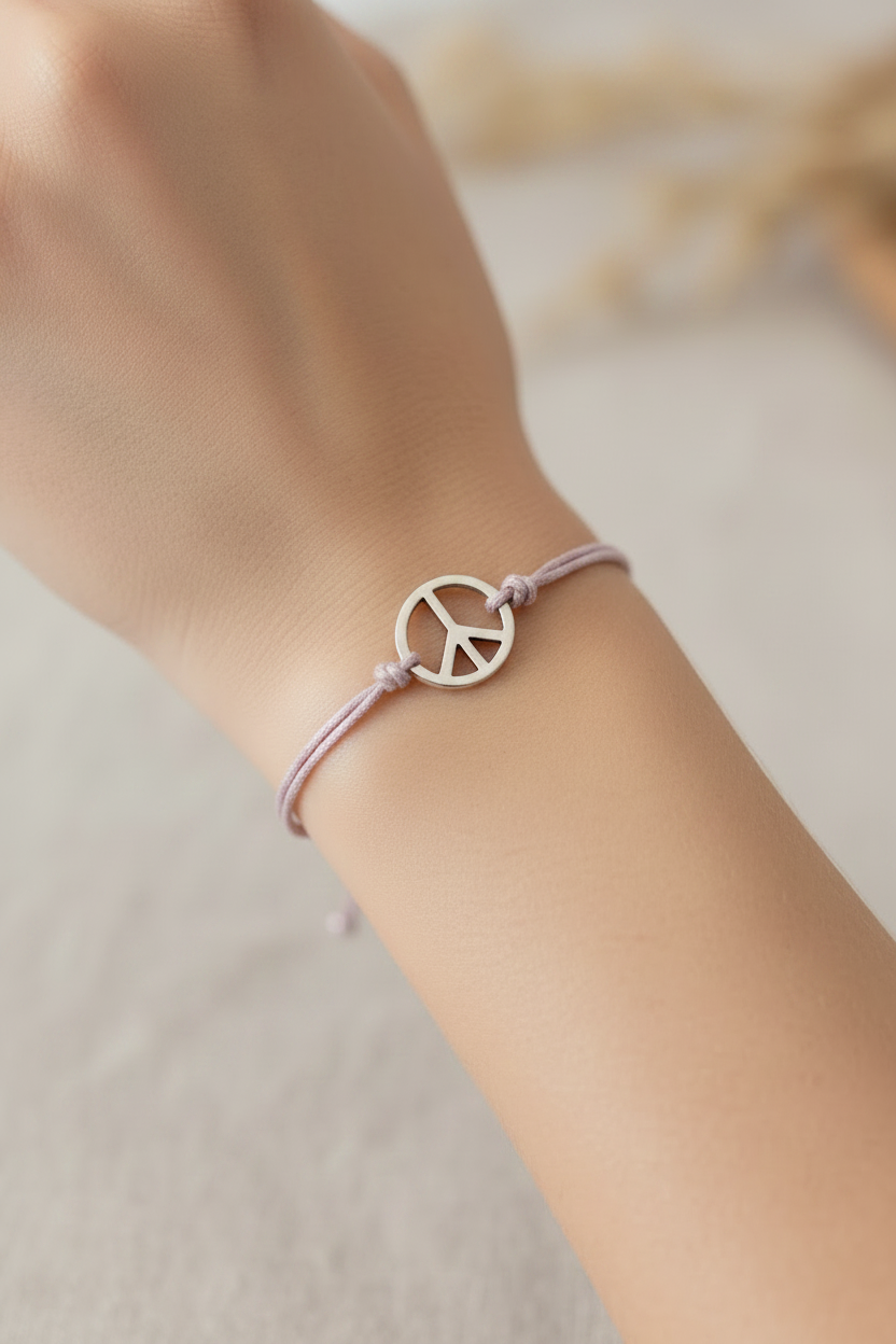bracelet - neuf - cordon rose lila - pendentif symbole peace and love - argenté - homme femme enfant