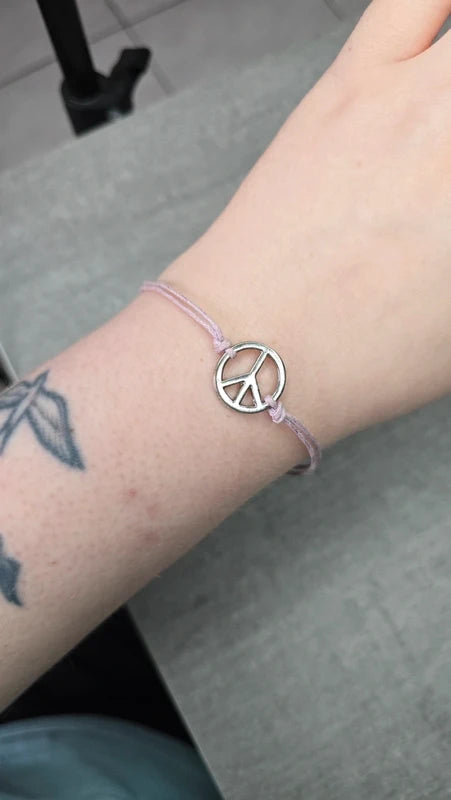 bracelet - neuf - cordon rose lila - pendentif symbole peace and love - argenté - homme femme enfant