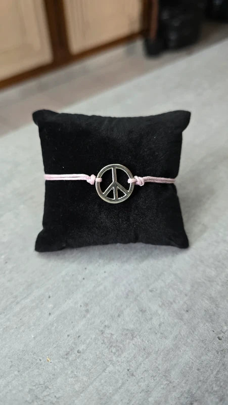 bracelet - neuf - cordon rose lila - pendentif symbole peace and love - argenté - homme femme enfant