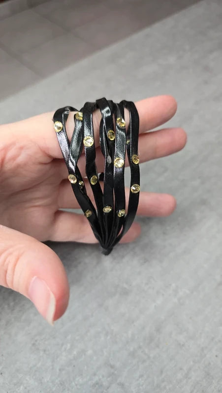 bracelet manchette vintage - multi rang noir - simili cuir - pierre strass doré - ajustable