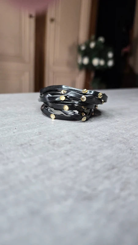 bracelet manchette vintage - multi rang noir - simili cuir - pierre strass doré - ajustable