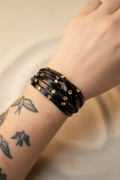 bracelet manchette vintage - multi rang noir - simili cuir - pierre strass doré - ajustable