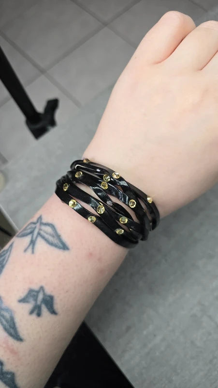 bracelet manchette vintage - multi rang noir - simili cuir - pierre strass doré - ajustable