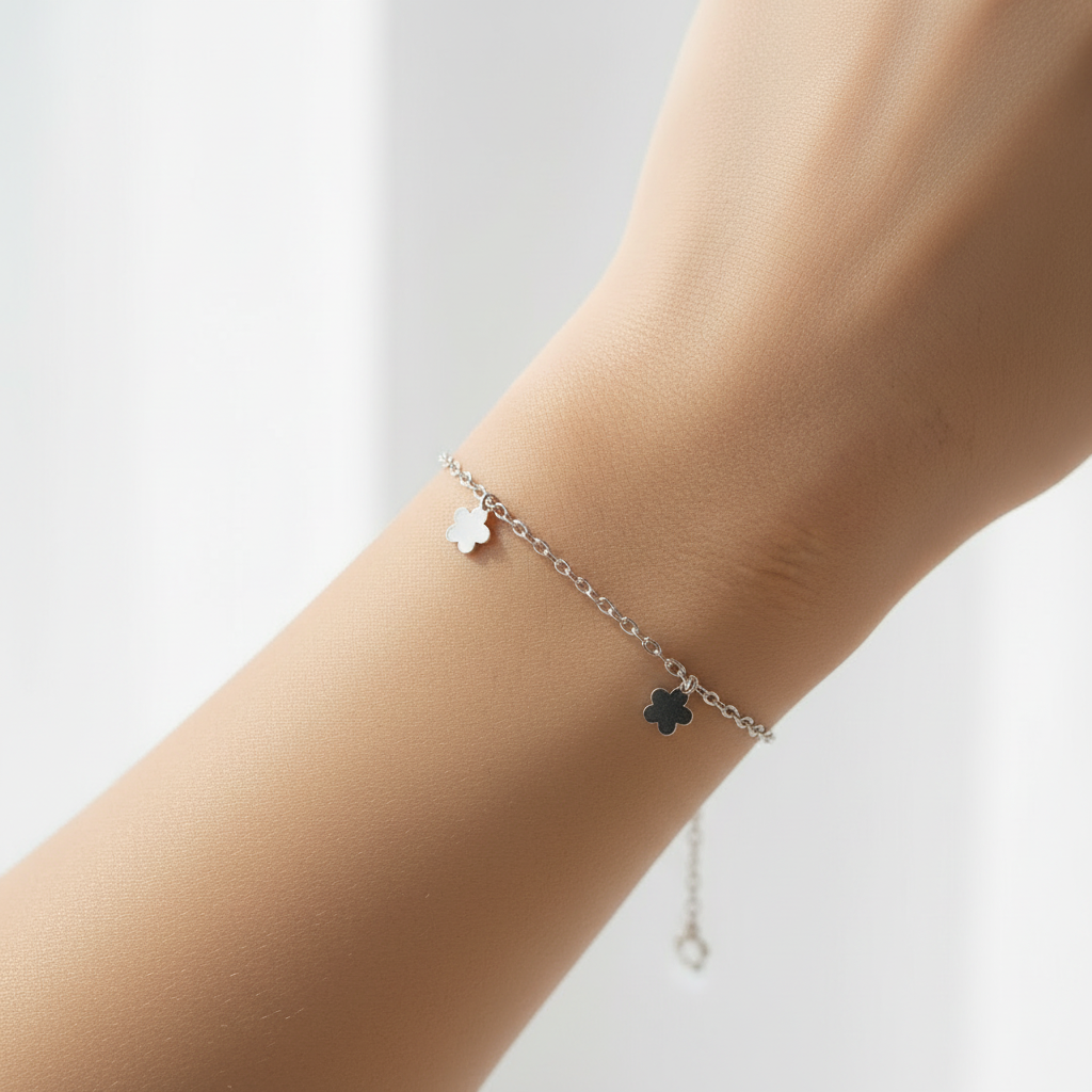 bracelet ou bracelet de cheville - chaine maille serpent argenté - breloque charms pendentif fleurs - élégant chic brillant