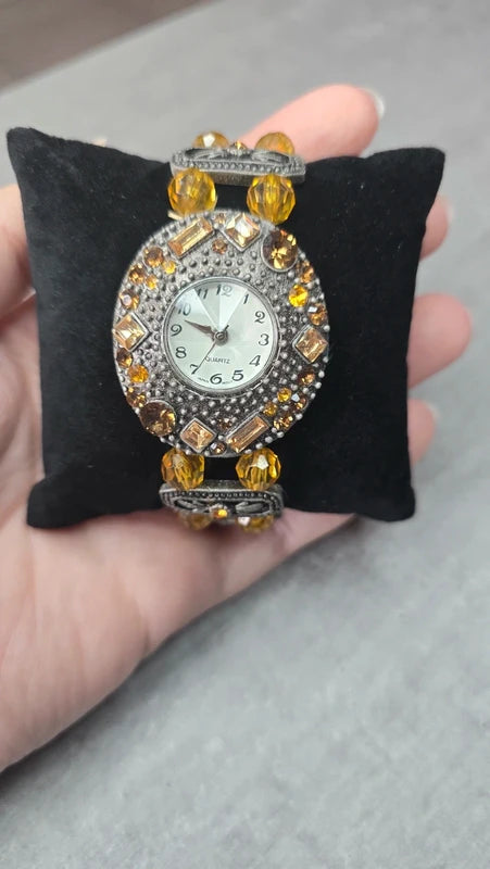 montre vintage - neuf - perles strass ambre orange - bracelet bijou travaillé effet bronze