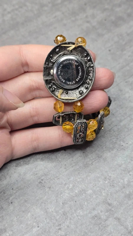 montre vintage - neuf - perles strass ambre orange - bracelet bijou travaillé effet bronze