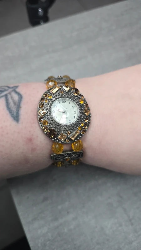 montre vintage - neuf - perles strass ambre orange - bracelet bijou travaillé effet bronze