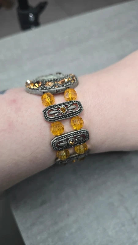 montre vintage - neuf - perles strass ambre orange - bracelet bijou travaillé effet bronze