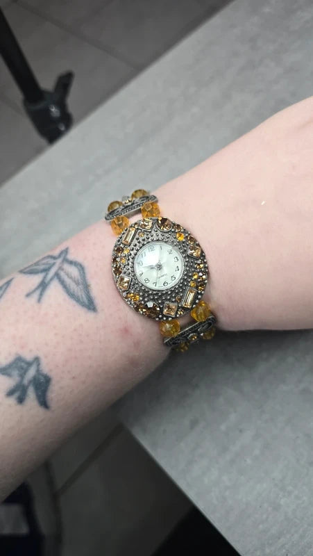 montre vintage - neuf - perles strass ambre orange - bracelet bijou travaillé effet bronze
