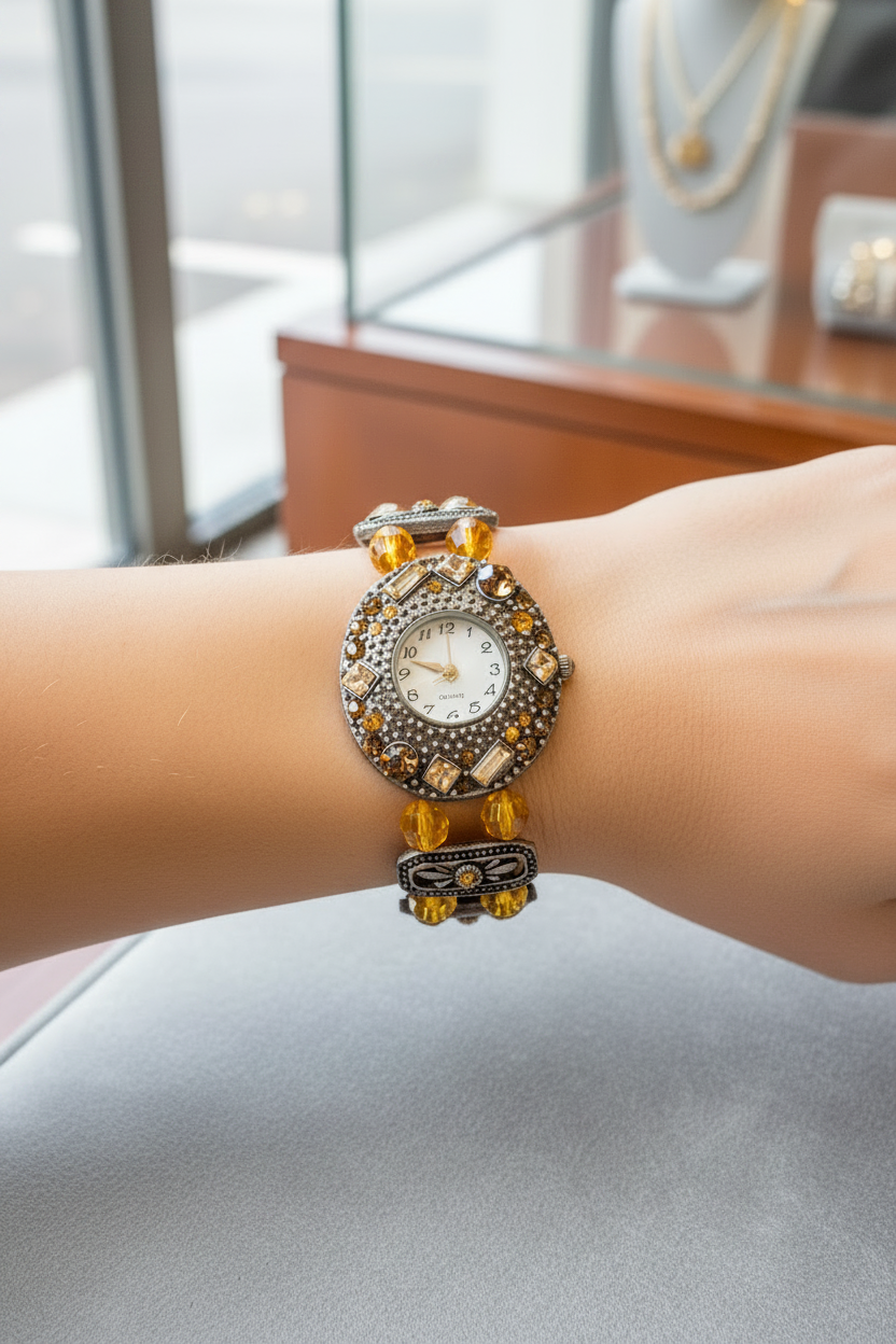 montre vintage - neuf - perles strass ambre orange - bracelet bijou travaillé effet bronze