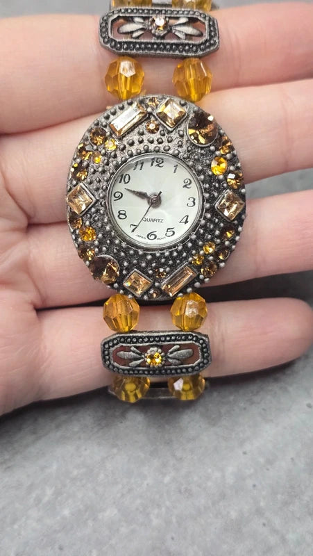 montre vintage - neuf - perles strass ambre orange - bracelet bijou travaillé effet bronze