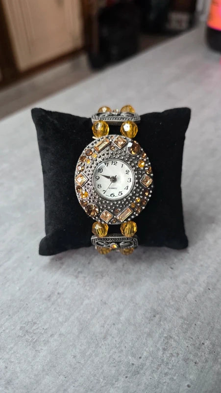 montre vintage - neuf - perles strass ambre orange - bracelet bijou travaillé effet bronze
