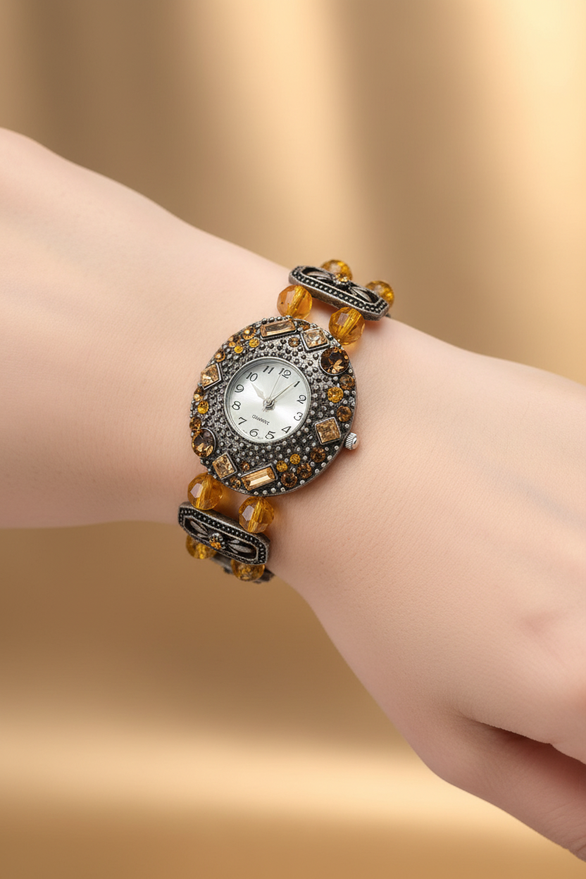 montre vintage - neuf - perles strass ambre orange - bracelet bijou travaillé effet bronze