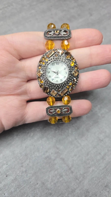 montre vintage - neuf - perles strass ambre orange - bracelet bijou travaillé effet bronze
