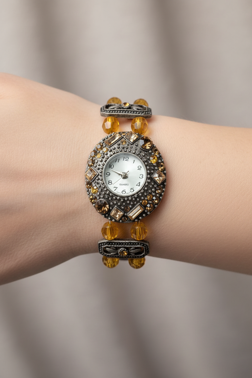montre vintage - neuf - perles strass ambre orange - bracelet bijou travaillé effet bronze