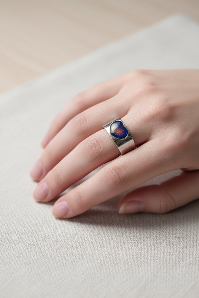 bague vintage mood ring - change de couleur en fonction de l'humeur - forme coeur - ajustable