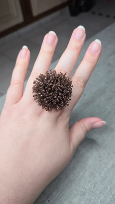 bague vintage - neuf - perles violette parme lila ou marron - volume relief - ajustable - originale - effet fleurs pompon