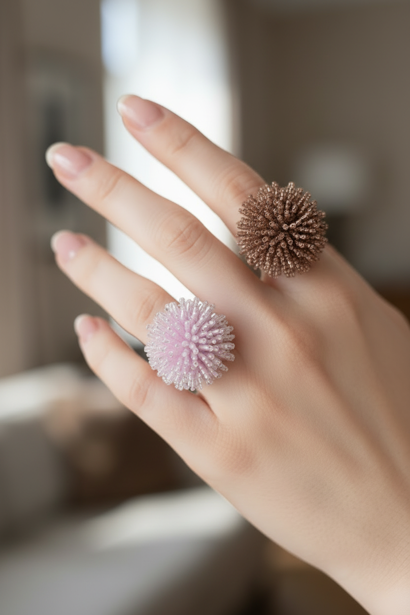 bague vintage - neuf - perles violette parme lila ou marron - volume relief - ajustable - originale - effet fleurs pompon