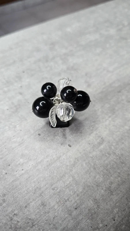 bague vintage - perles noires perles transparentes facette perles mobile feuille - ajustable rétro original