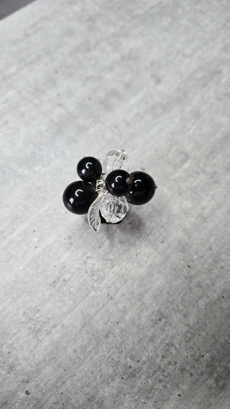 bague vintage - perles noires perles transparentes facette perles mobile feuille - ajustable rétro original