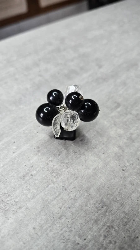 bague vintage - perles noires perles transparentes facette perles mobile feuille - ajustable rétro original