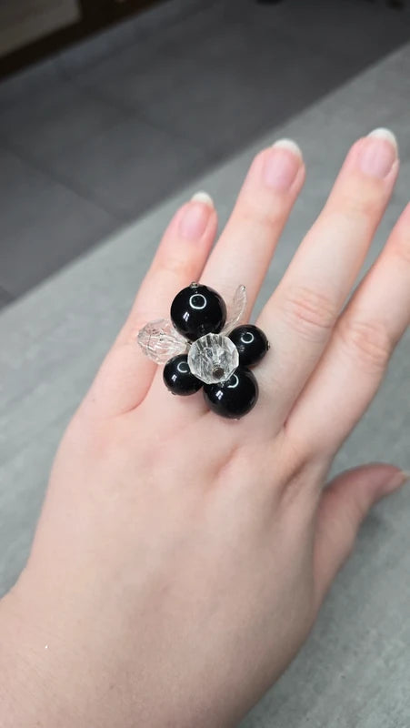 bague vintage - perles noires perles transparentes facette perles mobile feuille - ajustable rétro original