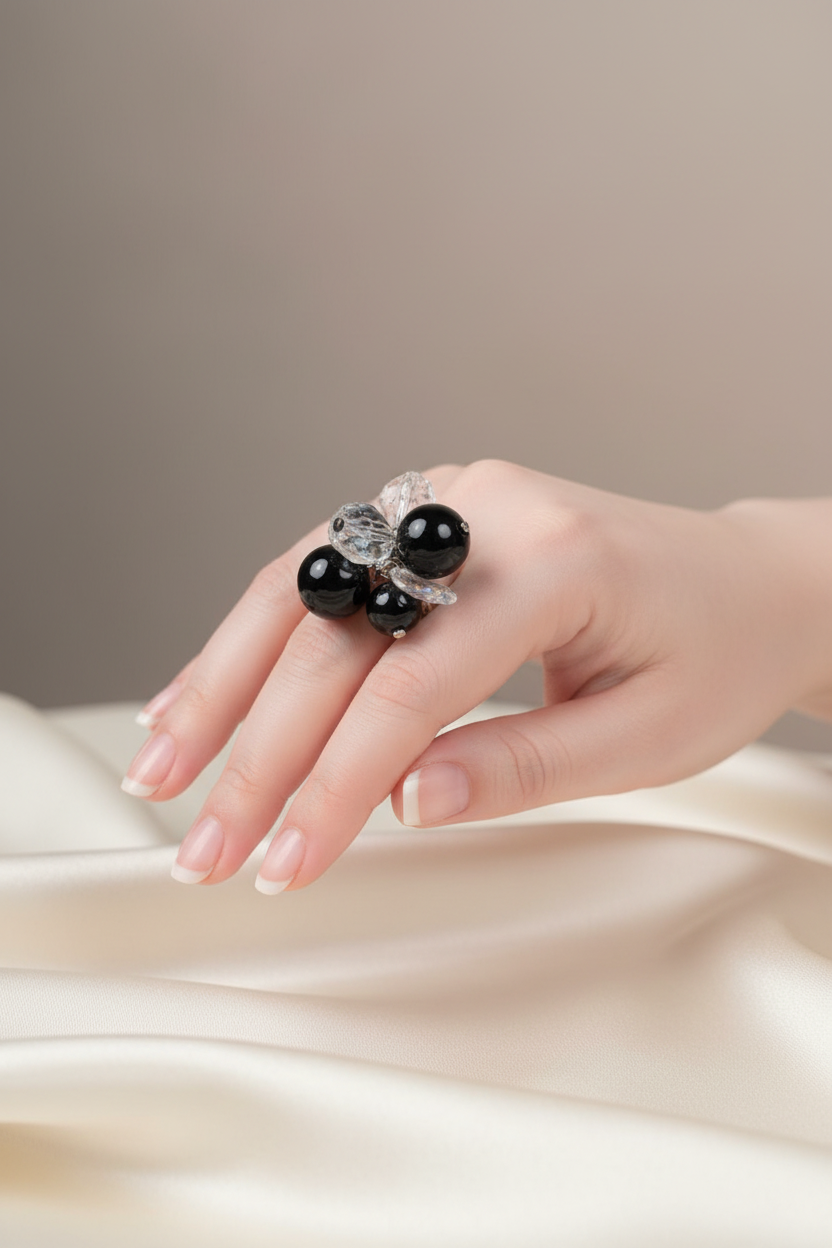 bague vintage - perles noires perles transparentes facette perles mobile feuille - ajustable rétro original