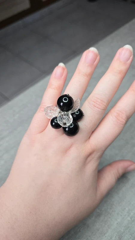 bague vintage - perles noires perles transparentes facette perles mobile feuille - ajustable rétro original