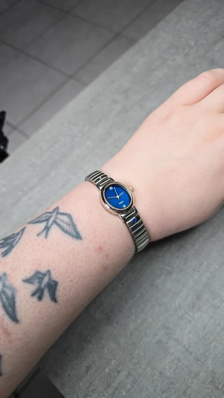 bracelet montre vintage maillon - neuf - argenté - strass bleu foncé marine acier inoxydable - élastique